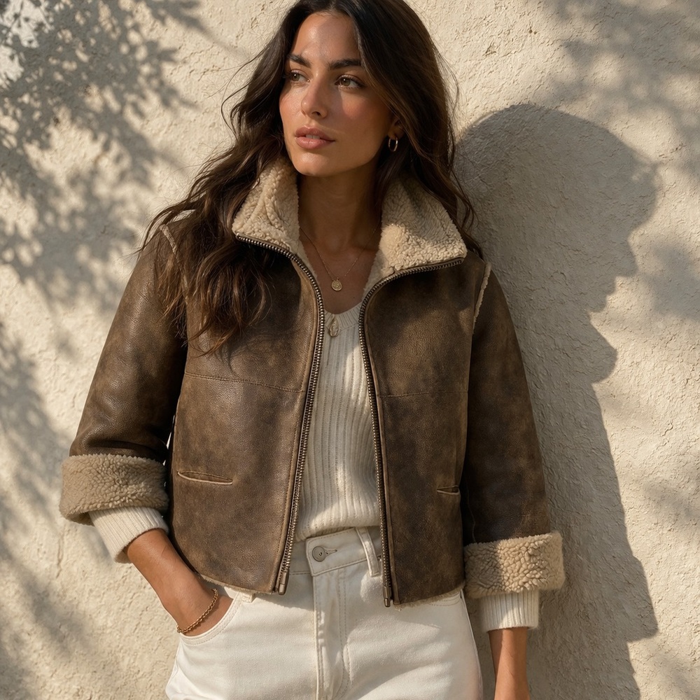 Stella Forest Shearling Jacket Cropped 3/4 Sleeve Leather Coat Quiet Luxury Sz S